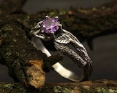 Branch and leaves engagement ring with amethyst, Unique branch ring, Tree bark ring in silver, Women 39 s branch ring, Unusual engagement ring