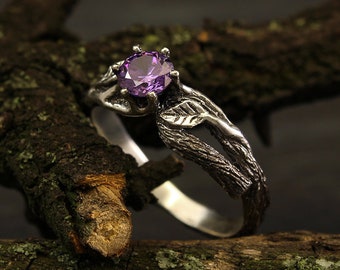Branch and Leaves Engagement Ring With Amethyst Unique Branch