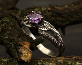 Bague de fiançailles branche et feuilles avec améthyste, bague branche unique, bague écorce d'arbre en argent, bague branche pour femme, bague de fiançailles inhabituelle