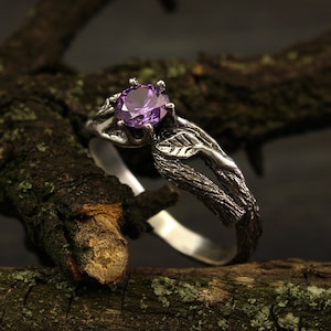 Branch and leaves engagement ring with amethyst, Unique branch ring, Tree bark ring in silver, Women's branch ring, Unusual engagement ring