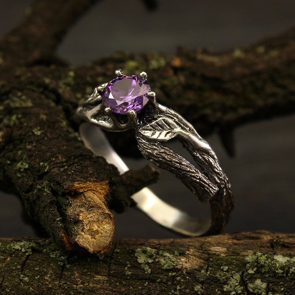 Bague de fiançailles branche et feuilles avec améthyste, bague branche unique, bague écorce d'arbre en argent, bague branche pour femme, bague de fiançailles inhabituelle