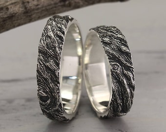 Unusual tree bark wedding bands set, His and Her tree bark rings, Wild nature wedding bands set, Men's and Women's tree bands, Silver rings