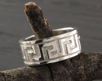 10mm greek wedding band, Big silver ring, Greek wedding ring, Unique silver wedding ring, Mens greek band, Womens greek ring, Eternity ring