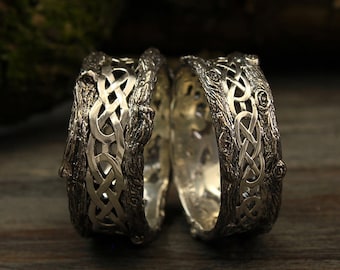 His and Her tree wedding bands with celtic pattern, His and Her celtic rings set, Tree celtic band set, Silver bands, Matching wedding rings