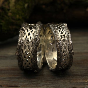 His and Her tree wedding bands with celtic pattern, His and Her celtic rings set, Tree celtic band set, Silver bands, Matching wedding rings