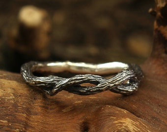 Small braided branch wedding band, Unusual tree bark band, Unique branch ring, Womens rustic ring, Womens branch band, Anniversary gift