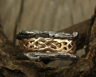 Celtic knot and tree bark men's wedding band in mixed metals, Men's celtic wedding band, Celtic band in vintage style, Unique men's band