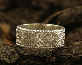 Vintage style wedding band with filigree, Unusual silver wedding band, Pattern wedding ring, Women wedding ring, Men's wedding band