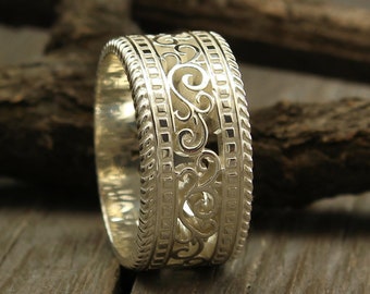 Wide vine and filigree wedding band in sterling silver hand-crafted in vintage style