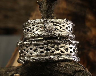 Corteza de árbol Conjunto de bandas celtas para él y para ella, Conjunto de anillos celtas de árbol, Bandas celtas de pareja, Bandas de plata, Anillos de boda a juego, Conjunto de anillos únicos