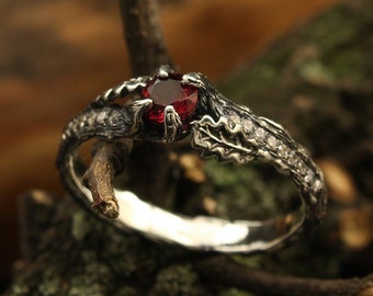 Anillo de compromiso de hojas de rama y roble con rubí, anillo de compromiso de corteza de árbol, anillo de compromiso de rama de plata, anillo de compromiso único para mujeres