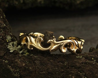 Unusual leaves wedding band, Vintage style womens wedding band, Unique gold ring, Nature wedding band, Anniversary ring, Gift for bride