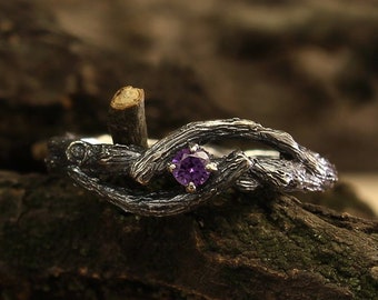 Twisted branch engagement ring, Branch amethyst ring in silver, Small branch ring, Women's twig silver ring, Nature ring, Unique womens gift