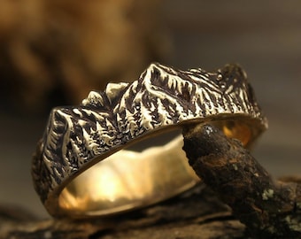 Mountains and forest wedding band, Mountains gold wedding ring, Wild nature wedding band, Unique men&#39;s wedding band, Unusual women&#39;s band