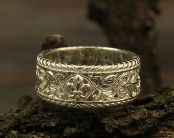 Fleur de Lis vintage style wedding band, Silver filigree wedding band, Fleur de Lis wedding band, Unique wedding band, 10mm wedding ring