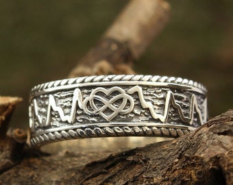 Unique Infinity & Heartbeat Ring, Pulse Wide and Filigree Wedding Band with Heart and Infinity, Silver Promise Ring for Him and Her