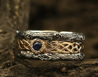 Celtic pattern and sapphire wedding band with tree bark, Unique tree sapphire ring, Celtic wedding band, Mixed metals band, Sapphire ring