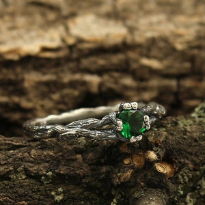 Emerald dainty branch engagement ring, Tiny twig engagement ring, Unique women's twig ring, Tree bark sterling silver ring, Emerald ring image 3