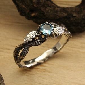 Braided branch and oak leaves topaz engagement ring, Silver tree bark women's ring, Womens twig and leaves ring, Unique womens branch ring