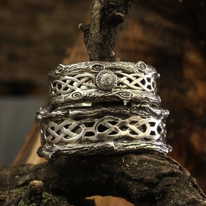 Tree bark His and Her celtic bands set, Tree celtic rings set, Couple celtic bands, Silver bands, Matching wedding rings, Unique rings set