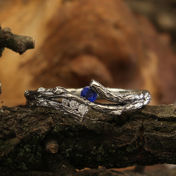 Zierlicher doppelter Saphirring für Frauen, Rinden-Saphirring für Frauen, Naturring, Verlobungsring für Frauen