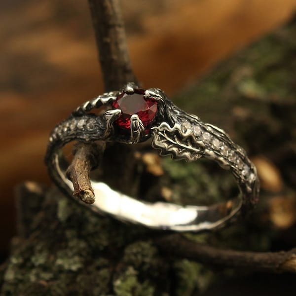 Branch and oak leaves engagement ring with ruby, Tree bark engagement ring, Silver branch engagement ring, Unique womens engagement ring
