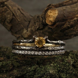 Double branch white gold ring with citrine, Branch engagement ring with citrine, Women&#39;s twig ring, Tree womens ring, Women&#39;s citrine ring