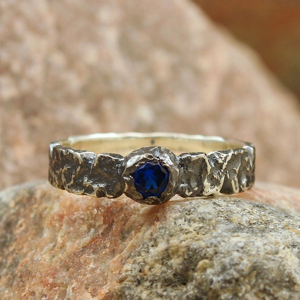 Sapphire hammered sterling silver band, Unusual sapphire ring, Unique mens rock wedding ring, Unusual wedding ring,  Sapphire ring