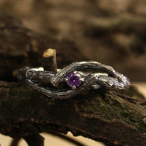 Twisted branch engagement ring, Branch amethyst ring in silver, Small branch ring, Women&#39;s twig silver ring, Nature ring, Unique womens gift