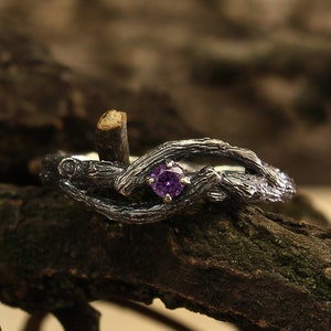 Twisted branch engagement ring, Branch amethyst ring in silver, Small branch ring, Women's twig silver ring, Nature ring, Unique womens gift