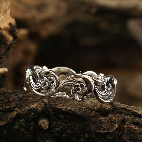 Fede nuziale da donna in stile vintage con tralcio di vite, fede nuziale con tralcio di vite, fede in argento sterling naturale, anello da donna con tralcio di vite, fede nuziale da donna unica