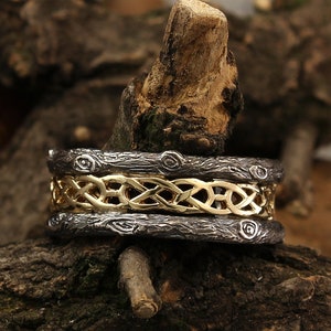 Tree mixed metals wedding band with celtic pattern, Celtic wedding band, Tree silver and gold ring, Celtic and tree bark band, Unique ring image 1