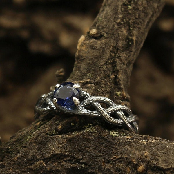 Twist engagement ring with sapphire, Branch engagement band, Silver nature ring, Braided branch band, Anniversary ring, Unique gift for her