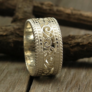 Wide vine and filigree wedding band in sterling silver hand-crafted in vintage style