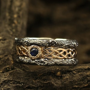 Celtic pattern & Sapphire Wedding Band with Tree Bark, Vintage Style Tree Sapphire Ring, Wide Celtic Wedding Ring, Mixed Metal Wedding Band