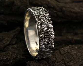 Anillo de boda de estilo rústico, anillo de corteza de árbol, anillo de boda de árbol de plata, anillo de plata natural, banda de plata, anillo de boda de hombre, anillo de boda de mujer