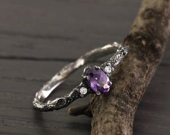 Tree small engagement ring with amethyst, Tiny silver engagement ring, Amethyst tree ring, Birthstone ring, Delicate engagement ring