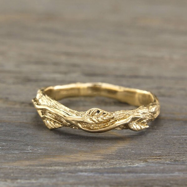 Branch ring gold, Nature womens wedding band, Leaves ring, Gold rustic ring, Women wedding band, Tree ring, Anniversary gift, Women's gift