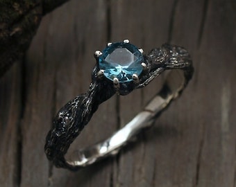 Topaz twig engagement ring, Unusual tree bark sterling silver ring with topaz, Branch engagement ring for girlfriend, Gift for her christmas