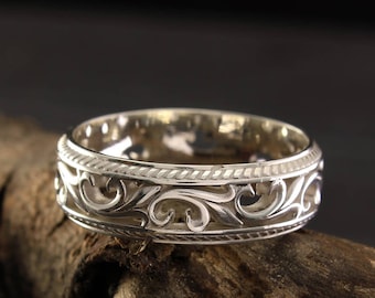 Filigree & Vine Wedding Band for Women and Men, Unique Sterling Silver Ring Vintage Style, Old Fashioned Style Medieval Ring Band and Leaves