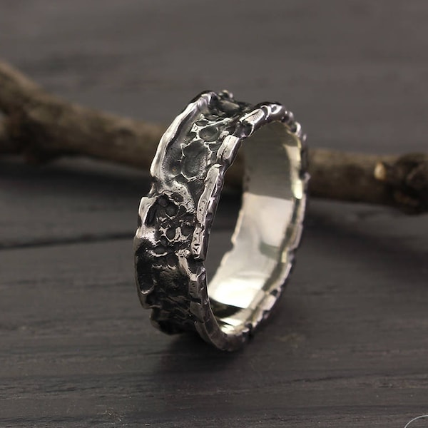 Exclusive Volcanic Wedding Band for Men and Women Gothic Style Unique Brutalist Wide Sterling Silver Ring with width 7mm