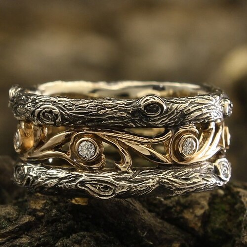 Vintage Style Vine Wedding Band Two Tone Gold Vine Ring Etsy