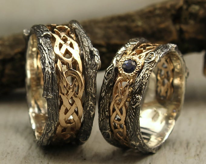 Celtic Pattern and Tree Bark Matching Wedding Bands With Sapphire, His ...