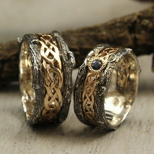 Celtic pattern and tree bark matching wedding bands with sapphire, His and her celtic bands set, Tree rings set, Couple celtic bands