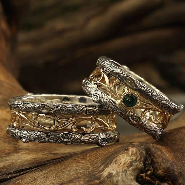His and Her vine and tree wedding bands set with emerald, Vine rings set, Unique nature bands, Vintage style emerald rings, Unusual ring set