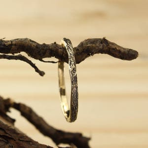 Può includere: Una fede nuziale in oro con un design a corteccia d'albero. La fede è appoggiata su un pezzo di legno.