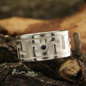 Großer Ring, griechischer Ring mit Saphir, einzigartiger Silberring, Herrenring, griechischer Herrenring, 10 mm großer Ring