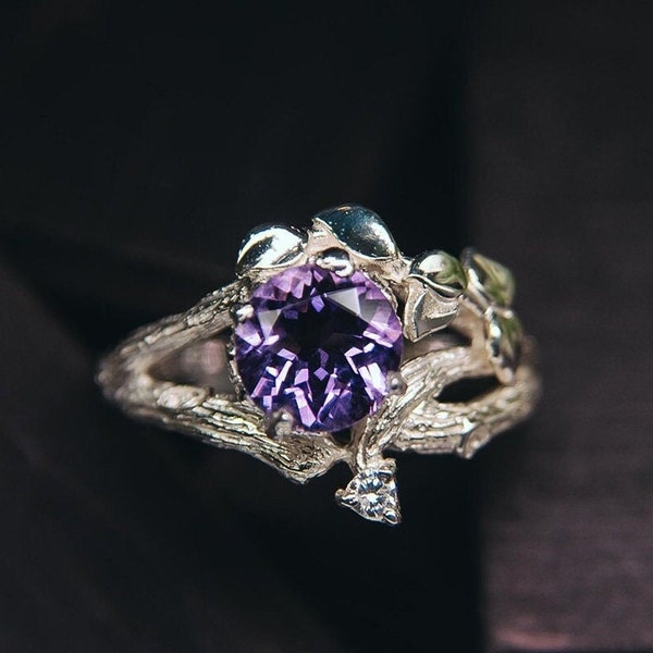 Natural Amethyst Leaves Ring Women, Chunky Silver Ring Nature Inspired for Plant Lover, February Birthstone Ring Handmade & Non Traditional