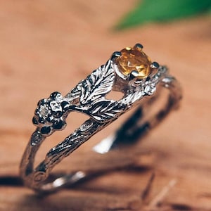 Vivid Citrine on a Braided Branch Engagement Ring Silver, Two Leaves and Flower on Twig Ring Women, Unusual Forest Fairy Engagement Ring