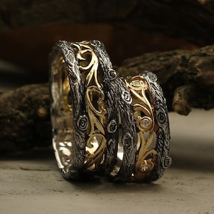 Diamond and vine His and Her tree wedding bands set, Tree rings set, Unique couple bands, Vintage style bands, Diamonds wedding bands